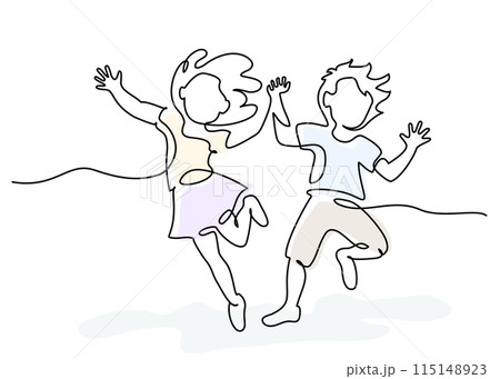 Happy jumping children holding hands. Continuous one line drawing 115148923