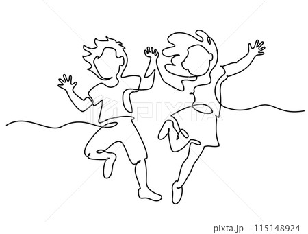 Happy jumping children holding hands. Continuous one line drawing 115148924
