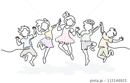 Happy jumping children holding hands. Continuous one line drawing 115148925