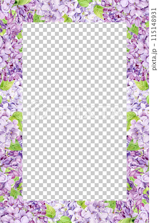 Watercolor frame with purple lilac on a transparent background. Vertical border of spring flowers in lavender color. Create Provence Style Wedding Invitations, Save the Date or Invitations. 115148931