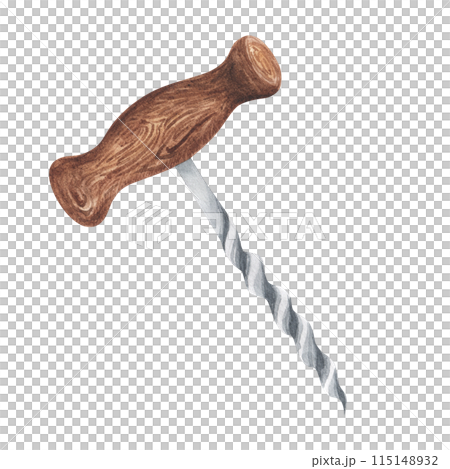 Wine corkscrew watercolor design illustration. Wooden tool opener. isolated on white background. For restaurant menu, design, cafe, book 115148932