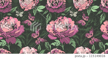 Floral pattern. Peonies seamless pattern with butterflies. Dark rich background. 90s style. hand drawing. Not AI, Vector illustration Floral pattern. Peonies seamless pattern with butterflies. Dark rich background. 90s style. hand drawing. Not AI, Vector illustration 115149016