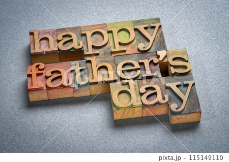 happy father's day - a word abstract in vintage letterpress wood type on art paper, greeting card 115149110