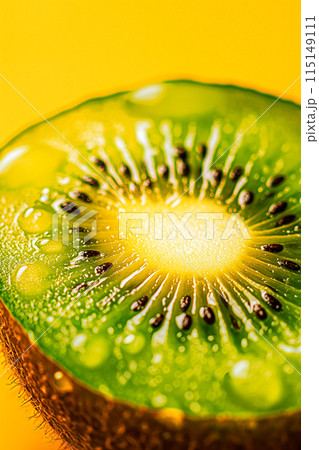 A slice of green kiwi fruit with a yellow background 115149111