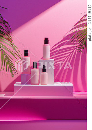 A row of four bottles of perfume are displayed on a white pedestal 115149119