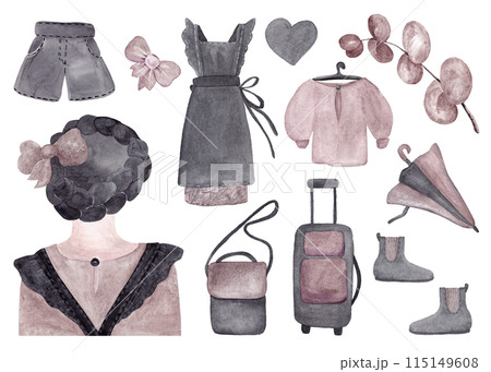 Business lady outfit: dress, blouse, shorts, ankle boots, bag and umbrella. Large collection of tourist accessories. Beige and black tones. Brown-haired girl. Design in watercolor style. Vintage style 115149608