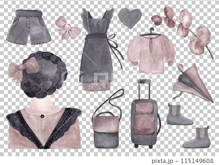 Business lady outfit: dress, blouse, shorts, ankle boots, bag and umbrella. Large collection of tourist accessories. Beige and black tones. Brown-haired girl. Design in watercolor style. Vintage style 115149608