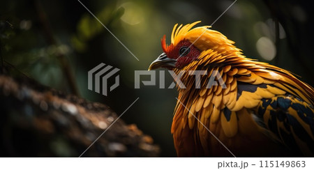 Golden pheasant close up with forest background. Generative AI 115149863