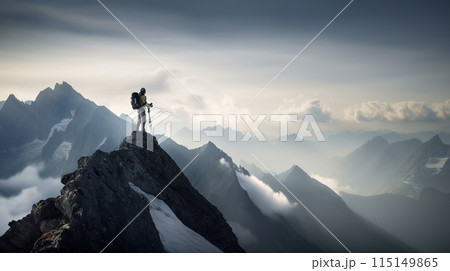 Explorer stand in front of high mountain peak landscape. Generative AI 115149865