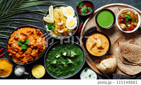 Indian food and indian cuisine dishes, copy space 115149881