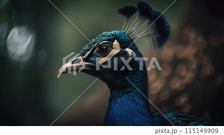 Close up photo of Peafowl bird on forest background. Generative AI 115149909