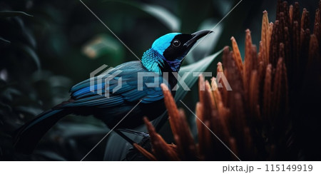 Blue Bird-of-Paradise close up with plants background. Generative AI 115149919