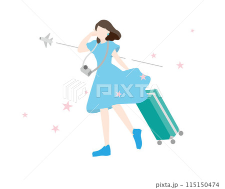 夏の旅行ー女性一人物ー飛行機と雲のある背景ーベクターイラスト素材 115150474