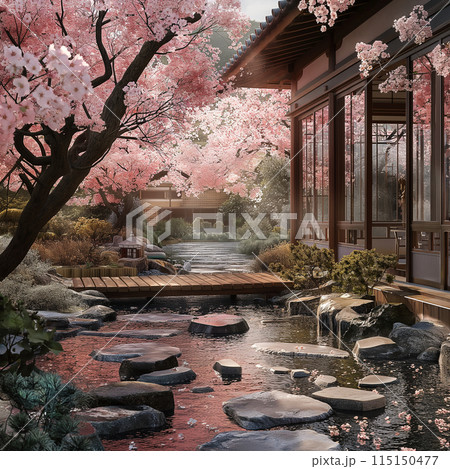 Image of a charming house with cherry blossom trees in a beautiful landscape 115150477