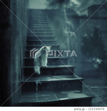 A grey cat is perched on a set of stairs in the rain under dark skies 115150479