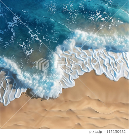 An aerial view captures the scene of waves breaking on a sandy beach 115150482