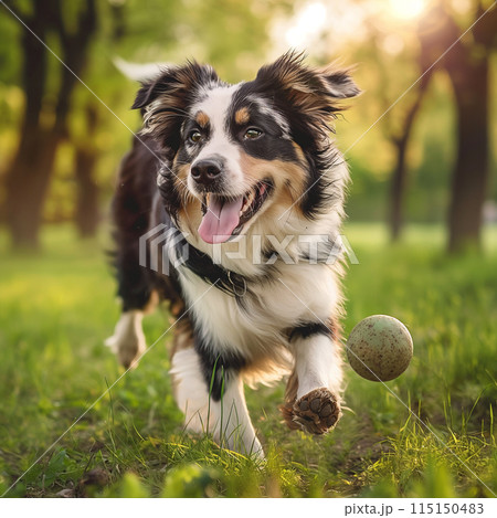 A dog is running across the field, holding a ball in its mouth 115150483