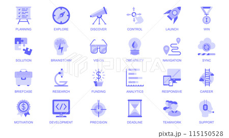 Startup web icons set in duotone flat design. Pack pictograms with planning, explore, discover, launch, win, solution, brainstorm, vision, creativity, sync, briefcase, research. Vector illustration. 115150528