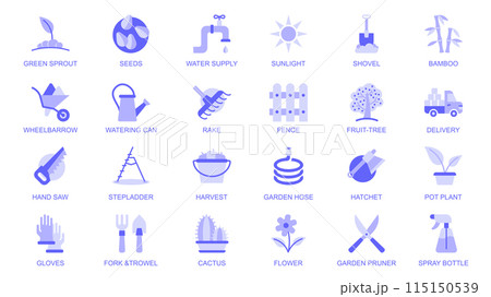Garden flowers web icons set in duotone flat design. Pack pictograms with green sprout, seeds, sunlight, shovel, bamboo, wheelbarrow, watering can, rake, fence, fruit tree, other. Vector illustration. 115150539