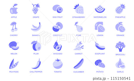 Fruit and vegetable web icons set in duotone flat design. Pack pictograms with apple, grape, kiwi, strawberry, watermelon, pineapple, cherry, banana, coconut, pear, lemon, other. Vector illustration. Fruit and vegetable web icons set in duotone flat design. Pack pictograms with apple, grape, kiwi, strawberry, watermelon, pineapple, cherry, banana, coconut, pear, lemon, other. Vector illustration. 115150541