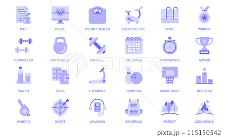 Fitness web icons set in duotone flat design. Pack pictograms with diet, pulse, weight scales, exercise bike, pool, winner, dumbbell, kettlebell, barbell, stopwatch, award, other. Vector illustration. Fitness web icons set in duotone flat design. Pack pictograms with diet, pulse, weight scales, exercise bike, pool, winner, dumbbell, kettlebell, barbell, stopwatch, award, other. Vector illustration. 115150542