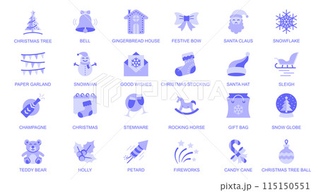 Christmas web icons set in duotone flat design. Pack pictograms with festive tree, bell, gingerbread house, bow, Santa Claus, snowflake, paper garland, snowman, stocking, other. Vector illustration. Christmas web icons set in duotone flat design. Pack pictograms with festive tree, bell, gingerbread house, bow, Santa Claus, snowflake, paper garland, snowman, stocking, other. Vector illustration. 115150551