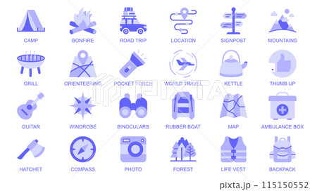 Camping web icons set in duotone flat design. Pack pictograms with camp, bonfire, road, trip, location, signpost, mountains, grill, orienteering, travel, kettle, compass, other. Vector illustration. Camping web icons set in duotone flat design. Pack pictograms with camp, bonfire, road, trip, location, signpost, mountains, grill, orienteering, travel, kettle, compass, other. Vector illustration. 115150552
