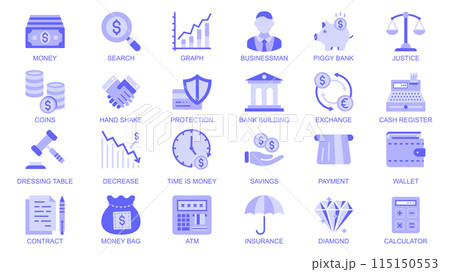 Business and finance web icons set in duotone flat design. Pack pictograms with money, graph, businessman, piggy bank, justice, coins, handshake, exchange, cash, diamond, other. Vector illustration. 115150553