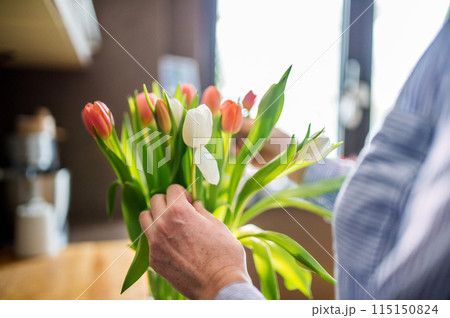 Portrait of beautiful mature woman with black hair and soft smile, holding bouquet of tulips. 115150824