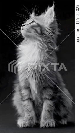 Black and white photo of a Maine Coon kitten 115151023