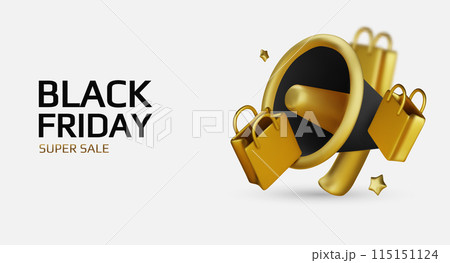 Black Friday super sale. Promo background with realistic 3d cartoon style elements, black gift, percent symbols, stars, percent symbols. Promotion banner, web poster. vector illustration 115151124