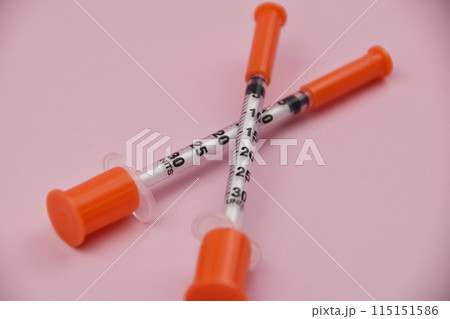 Insulin Syringe for diabetes on pink background, health care concept. A pink background featuring an insulin syringe, symbolizing diabetes management and the importance of healthcare 115151586