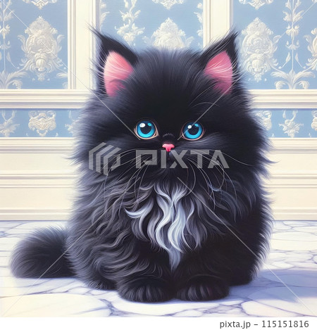 かわいい短足マンチカン子猫の黒猫と水色のプリンセス壁紙と大理石を背景にしたアクリル画イラストアイコン 115151816