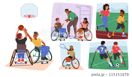 Set Of Inclusive Sports Activities, Children With Disabilities Engaging In Basketball, Running, And Soccer 115151879