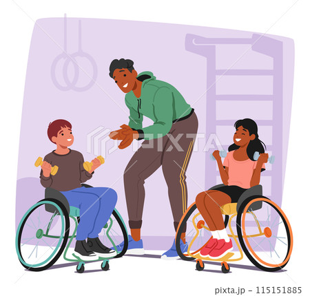 Inclusive Fitness Session Featuring A Young Coach And Two Children In Wheelchairs Lifting Weights In A Gym 115151885