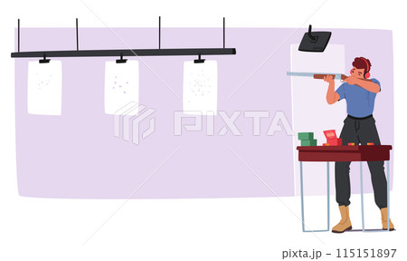 Focused Man Practicing Shooting At Indoor Range. Male Character In Ear Protection Stands Confidently, Aiming A Rifle 115151897