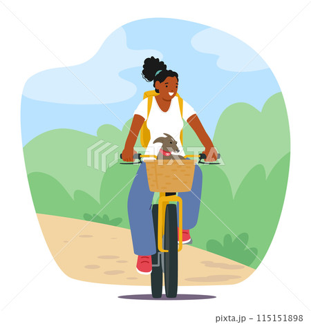 Young African American Woman Enjoying A Bike Ride With Her Dog Sits In The Front Basket, Vector Illustration Young African American Woman Enjoying A Bike Ride With Her Dog Sits In The Front Basket, Vector Illustration 115151898