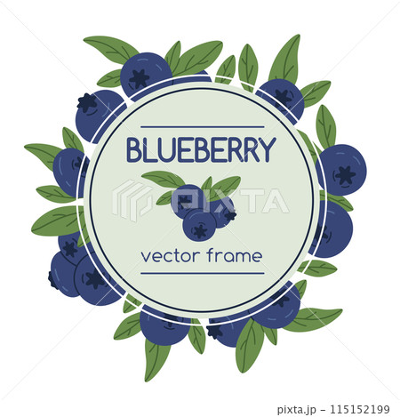 Blueberry frame. Blueberries with leaves, delicious blueberries round frame flat vector background illustration. Juicy blueberry design with place for text and logo 115152199