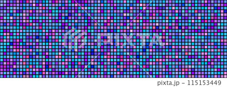 Purple disco party seamless pattern. Square sequin mosaic texture background. Abstract shining colorful halftone wallpaper. Pop up comic glitter sparkles backdrop. Retro vector design template 115153449