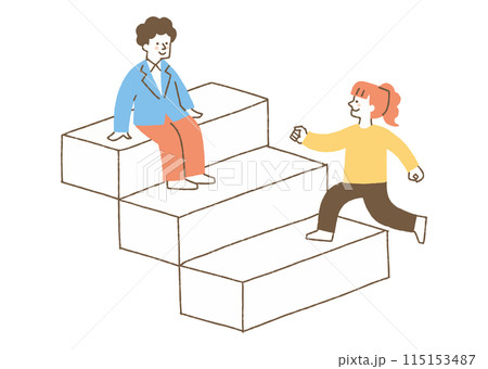 階段に座る男性と登る女性_色 階段に座る男性と登る女性_色 115153487