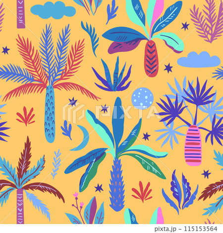 Seamless pattern with doodle palm trees moon and stars. Print with exotic mystical trees. Vector illustration. 115153564
