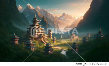 Mystical Valley of Pagodas Amidst Majestic Mountains in Ethereal Morning Light 115153664