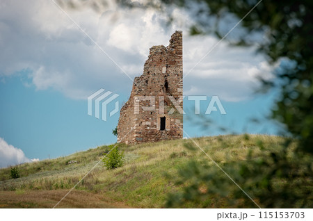 Ancient ruined Tower of Stavronikita, Greece, Sithonia 115153703