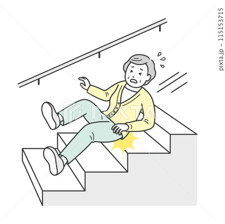 階段で足を滑らせて転落し尻もちをつく高齢女性 115153715