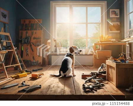 夕陽が窓から差し込む作業部屋に佇む1匹のビーグル犬 夕陽が窓から差し込む作業部屋に佇む1匹のビーグル犬 115154488