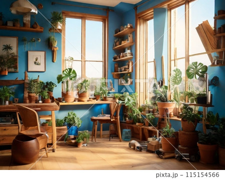 オシャレなインテリアとたくさんの観葉植物がある青い壁の部屋 115154566