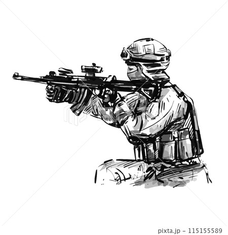 Drawing of the soldier shooting gun at battle field  115155589