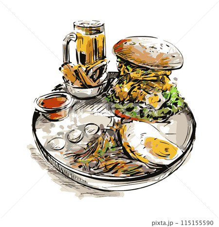 Drawing of a set big burger with beef and a glass of beer. Drawing of a set big burger with beef and a glass of beer. 115155590
