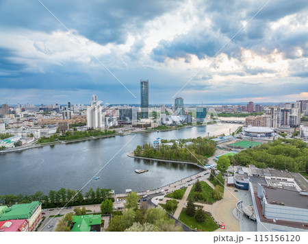 Yekaterinburg city with Buildings of Regional Government and Parliament, Dramatic Theatre, Iset Tower, Yeltsin Center, panoramic view at summer sunset. 115156120