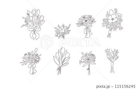 線画の花束イラスト。花束のベクターイラスト。手描きのウェディングブーケイラストセット。 115156245